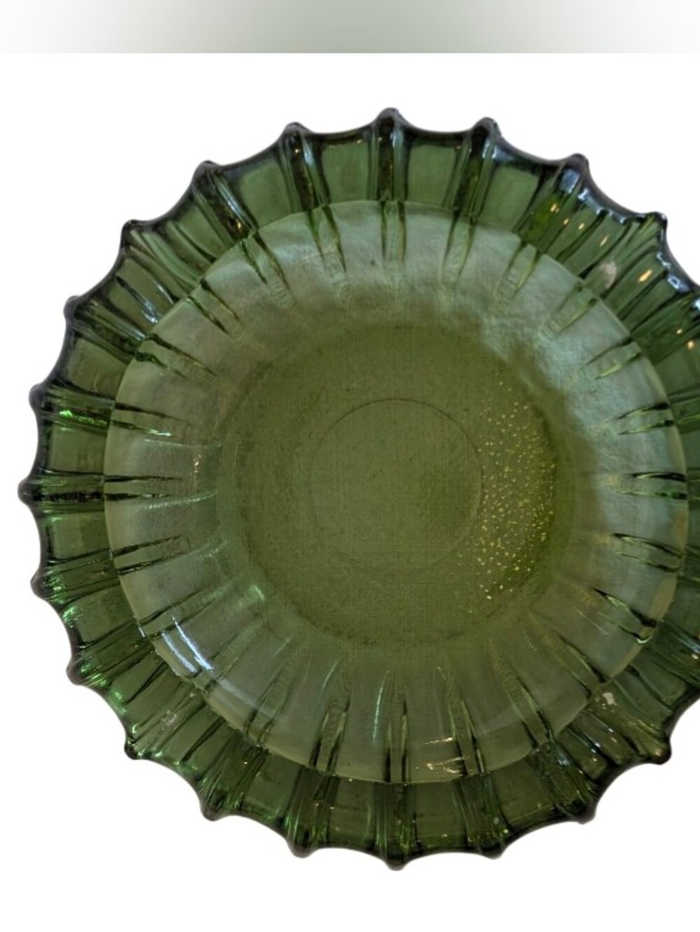 Mid Century Modern Fostoria Sculptural Art Glass Ashtray Green Ribbed Sunburst